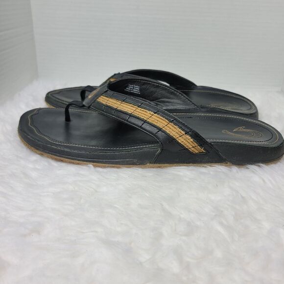 Olukai Kukui Men's Sandals Size 12 Black Leather Flip Flops Thongs Shoes - Picture 3 of 9